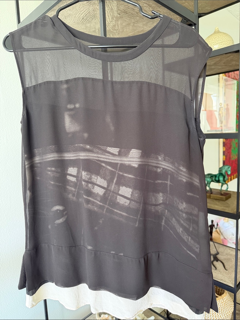 All Saints Sheer Layered Sleeveless Top in Dark Brown with Cream Underlayer
